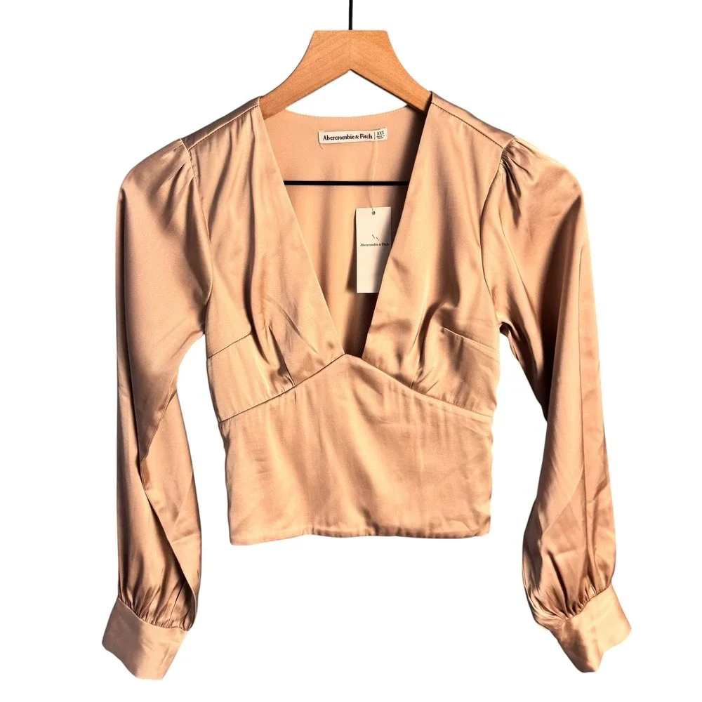 Abercrombie & Fitch Satin Crop Blouse NWT XXS Champagne Quiet Luxury Coquette